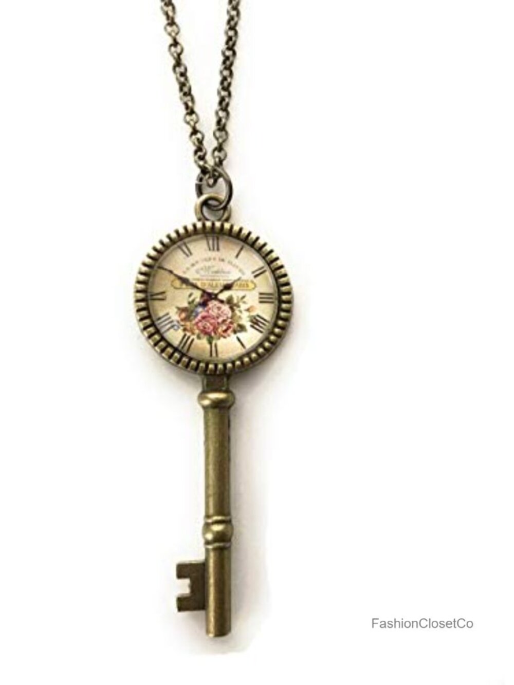 Handmade Skeleton Key Pendant Necklace Glass Dome Floral Clock 24" Chain